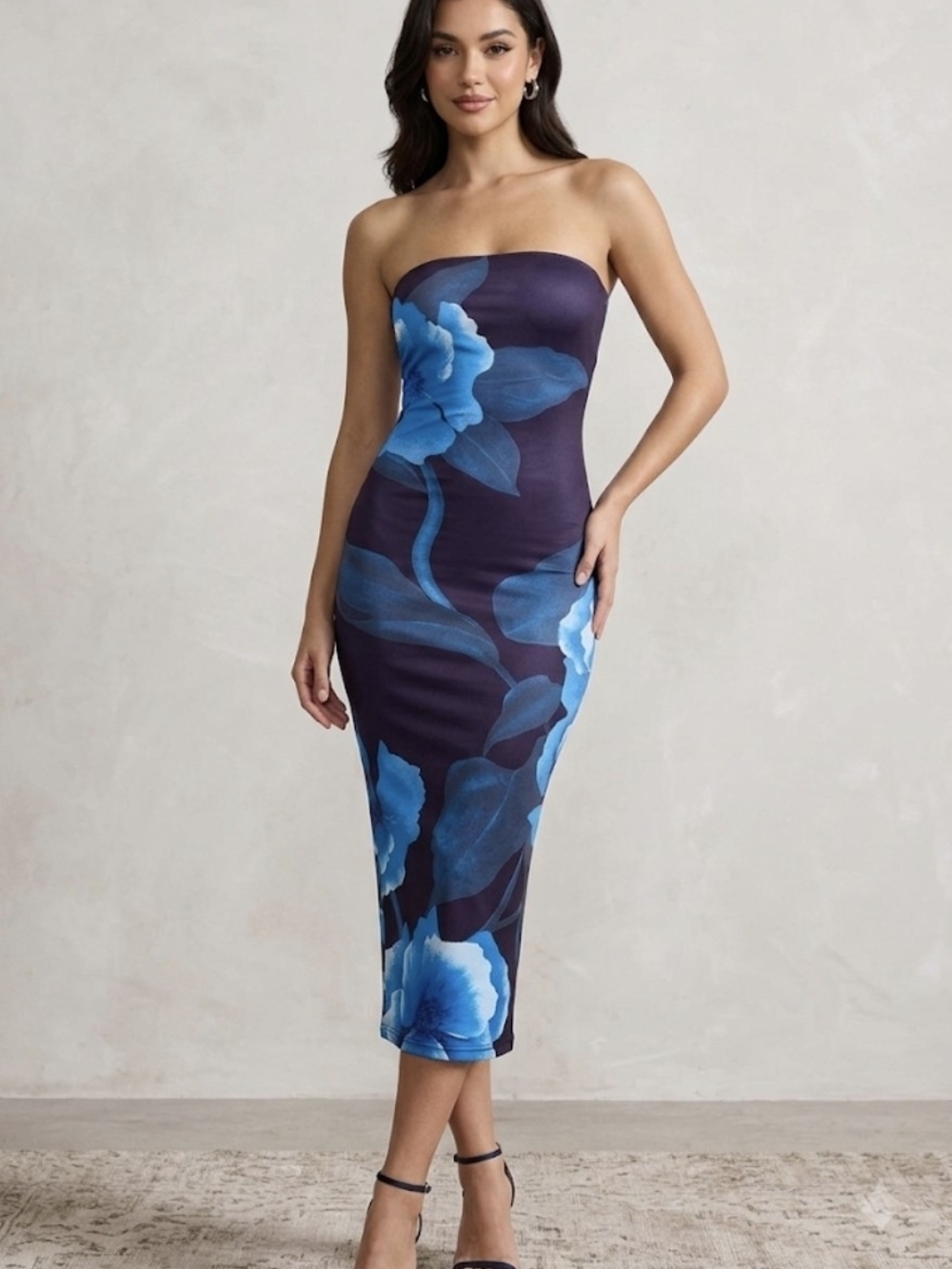 Strapless Navy Midi Dress with Blue Floral Print